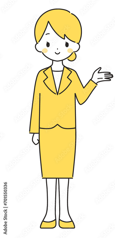 黄色｜案内するスーツの女性｜左手