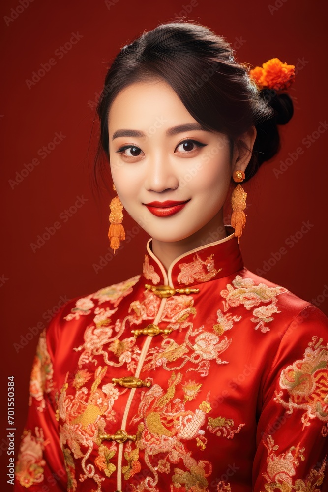 Studio portrait of happy young asian woman wear traditional chinese costume on red background, Happy chinese new year. Studio portrait of happy young asian woman wear traditional chinese costume on red background, Happy chinese new year.