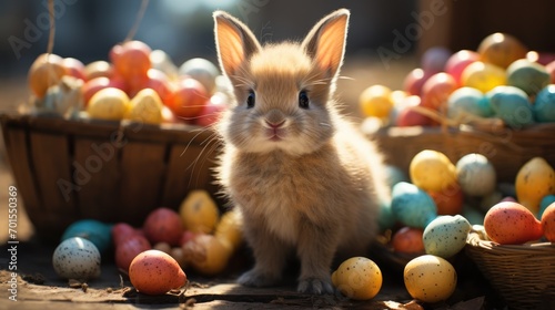 cute bunny and basket with colorful easter eggs