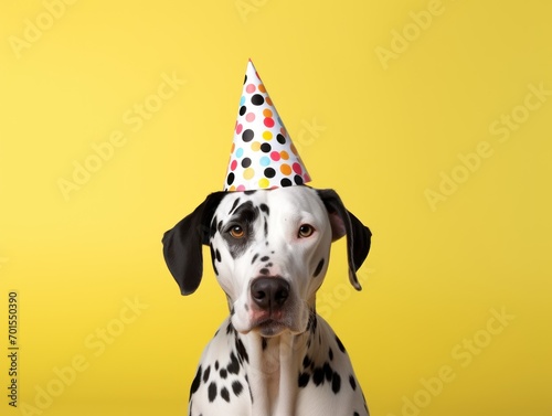 portrait photo of fashion Dalmatian Dog In a birthday hat, isolated on yellow color background, mockup, with copy space © keystoker