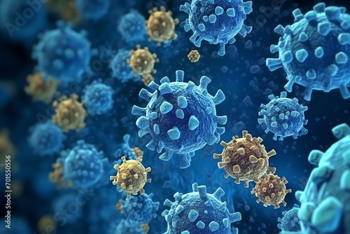 3D render of a medical with virus cells bacteria. Multiple realistic coronavirus particles floating