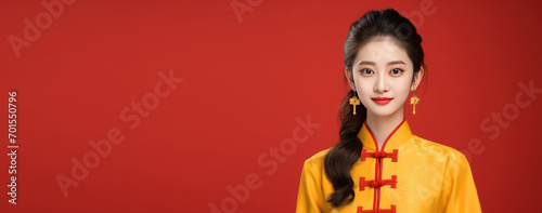 Happy young asian woman wear traditional chinese costume on studio background with copy space, Happy chinese new year