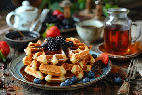 Delicious waffles with choc...