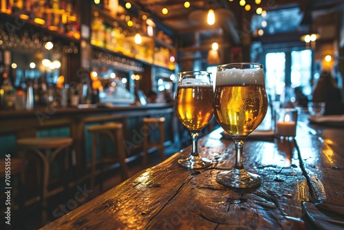 Fresh beers on top of a bar...