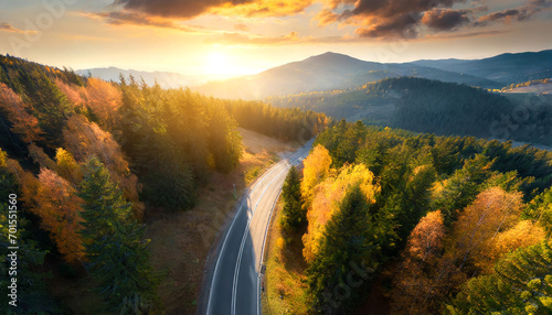 Drone's Eye Symphony: Sunset on a Mountainous Forest Road