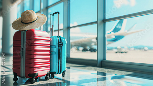 Suitcases in airport departure lounge, airplane in background, summer vacation concept, traveler suitcases in airport terminal waiting area, empty hall interior with large windows, focus on suitcases