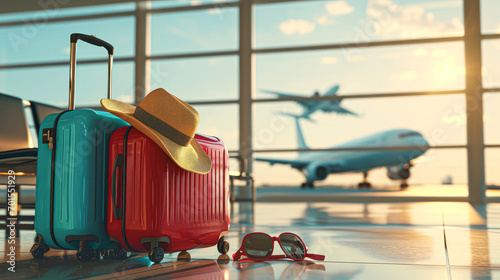 Suitcases in airport departure lounge, airplane in background, summer vacation concept, traveler suitcases in airport terminal waiting area, empty hall interior with large windows, focus on suitcases
