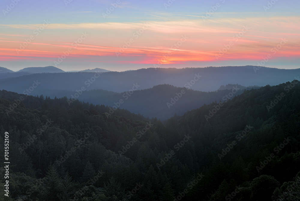 Foggy Sunset over Santa Cruz Mountains via Skyline Blvd in Los Gatos, California.