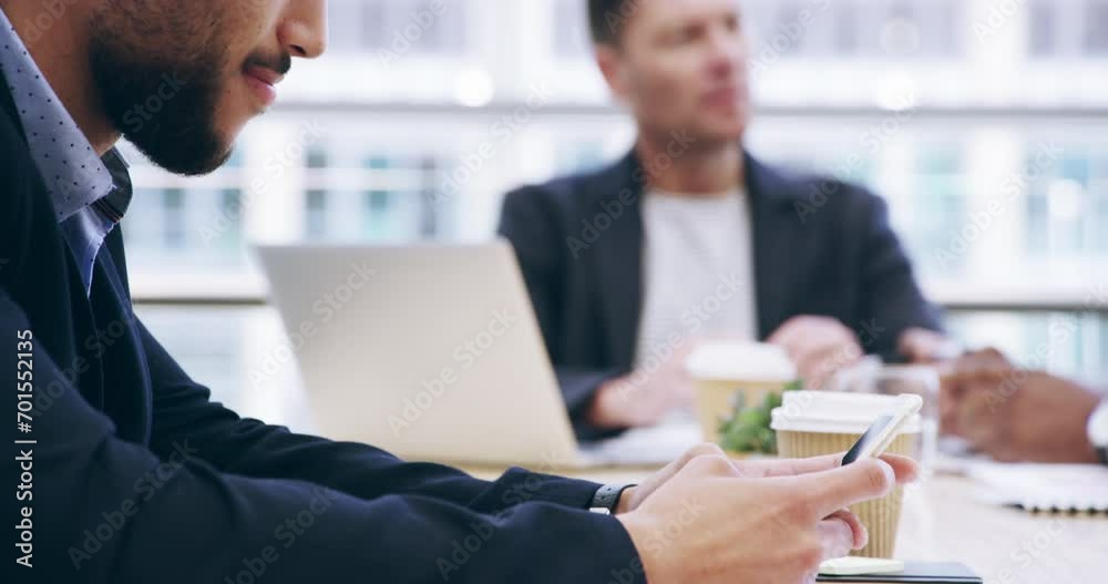 Businessman, phone and hands in meeting for networking, communication or social media at office. Closeup of man or employee typing on mobile smartphone for online search or research at workplace Businessman, phone and hands in meeting for networking, communication or social media at office. Closeup of man or employee typing on mobile smartphone for online search or research at workplace