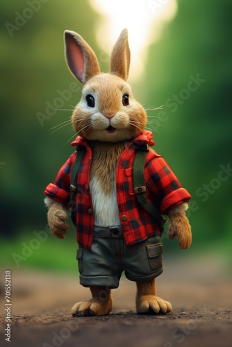 Rabbit wearing a red lumberjack shirt on green nature background photo