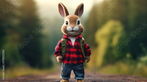 Rabbit wearing a red lumberjack shirt on green nature background photo