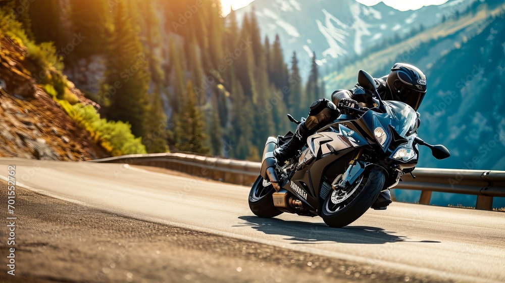 Motorcyclist Riding on Winding Mountain Road at Sunset, Surrounded by Lush Greenery and Majestic Snow-Capped Peaks