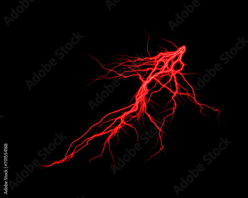 Realistic lightning isolated on black background. Natural light effect, bright glowing. Magic red thunderstorm, for design element
