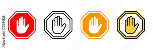 Stop icon set vector. stop road sign. hand stop sign and symbol. Do not enter stop red sign with hand