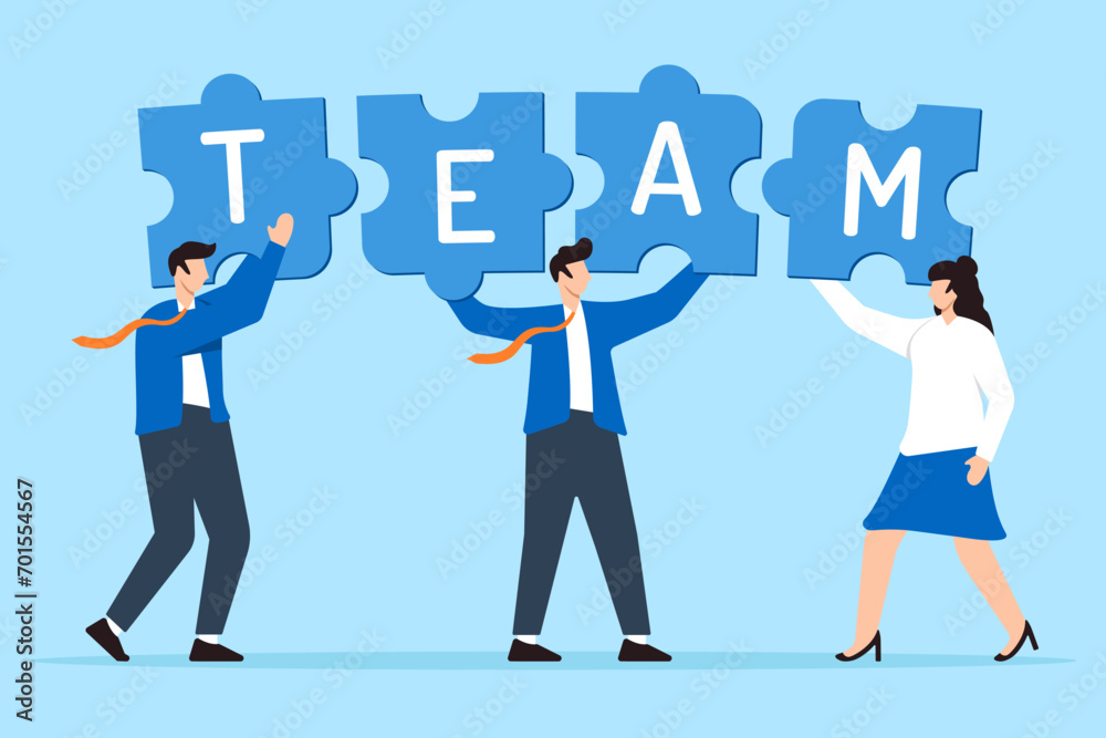 Business team connecting jigsaw puzzle together in flat design Business team connecting jigsaw puzzle together in flat design