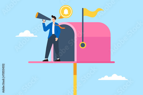 Businessman marketing open mailbox for subscriber notification in flat design