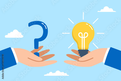 Two businessman hand holding question mark and light bulb for answer in flat design