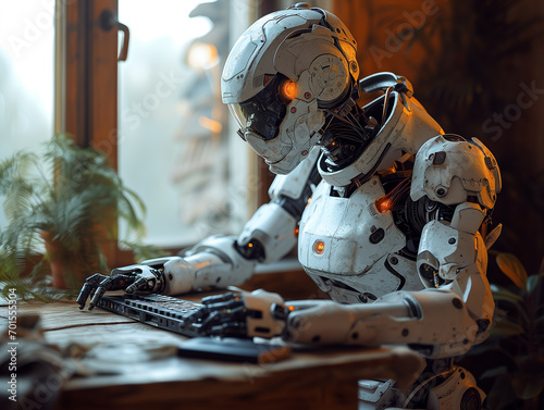 robot cyborg soldier on computer working