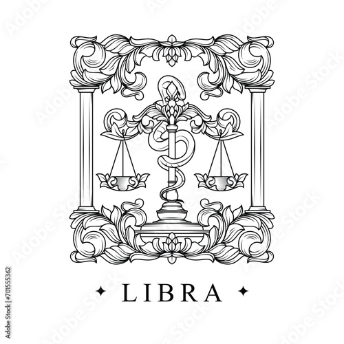 Zodiac Libra horoscope sign line art silhouette design vector illustration. Creative decorative elegant linear astrology zodiac Libra emblem template for logo or poster decoration.