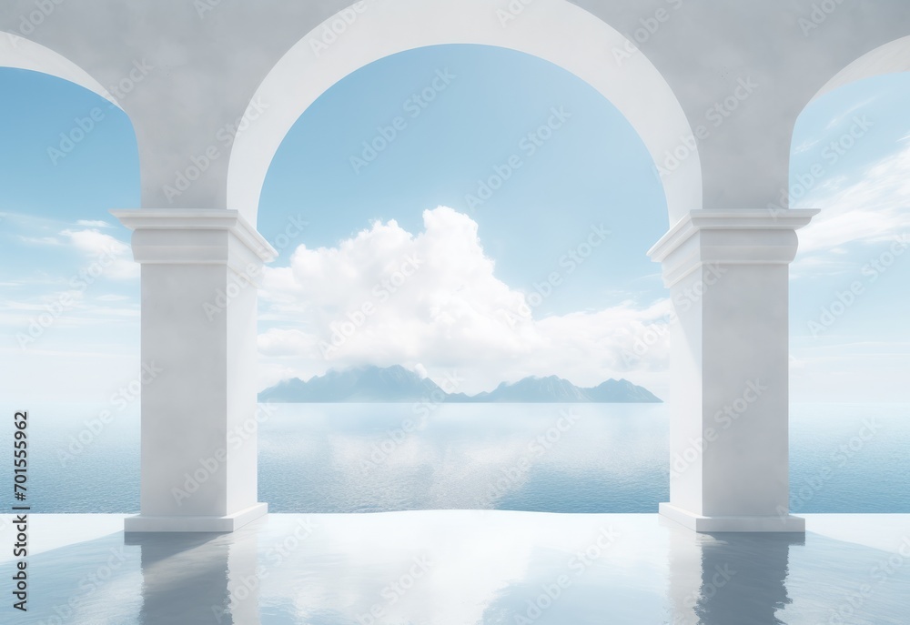 A serene view through a white archway leading to calm waters and a mountainous horizon. Elegantly simple architectural archway framing a tranquil sea and cloud landscape