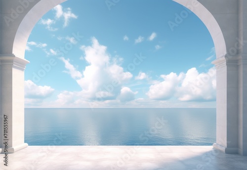 The tranquil beauty of an open archway leading to the endless blue horizon of sea and sky. © Twinny B Studio