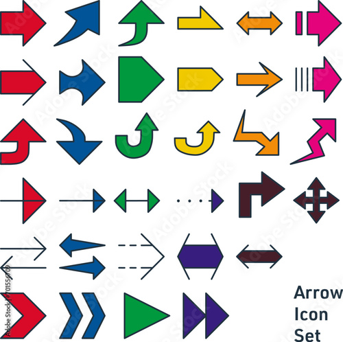 色々な種類のシンプルな目立つ色の矢印アイコンセット