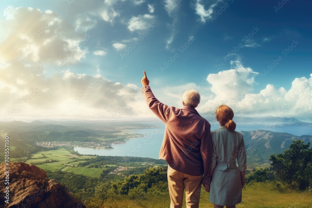 Seniors couple pointing to the horizon in nature.