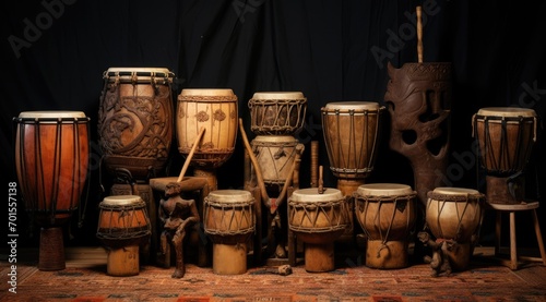 Collection of ancient vintage wooden drums. Oriental musical instruments.