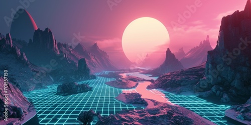 landscape vapor wave synth background, Fantasy alien planet. Mountain and sunset. photo