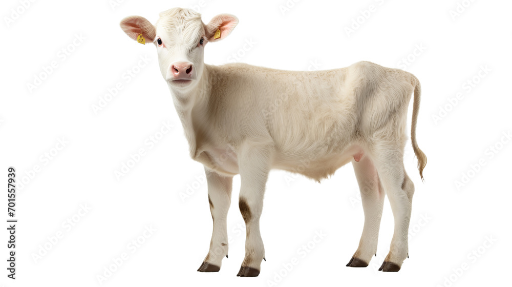A majestic bovine stands tall among its fellow herd members, its sleek white coat adorned with bright yellow tags, a symbol of its place in the world of livestock