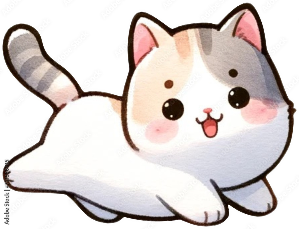 Obraz premium Cute cat Watercolor,This picture is a cute drawing of a white and gray cat with an orange nose.