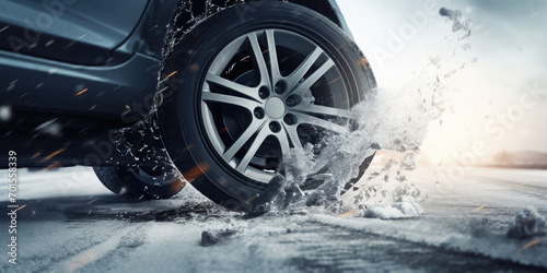 Close-up of Car Tire Slipping on Icy Road photo