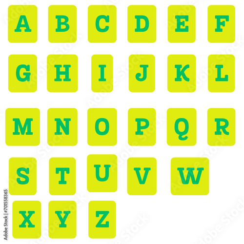 English alphabet in different colors with a yellow background