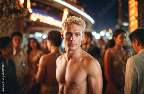 shirtless caucasian blonde handsome six pack muscles young adult man at beach bar party, fictional location, vacations and travel at tropical beach