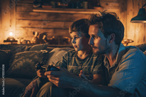a father and son playing video games  sharing love and happiness 