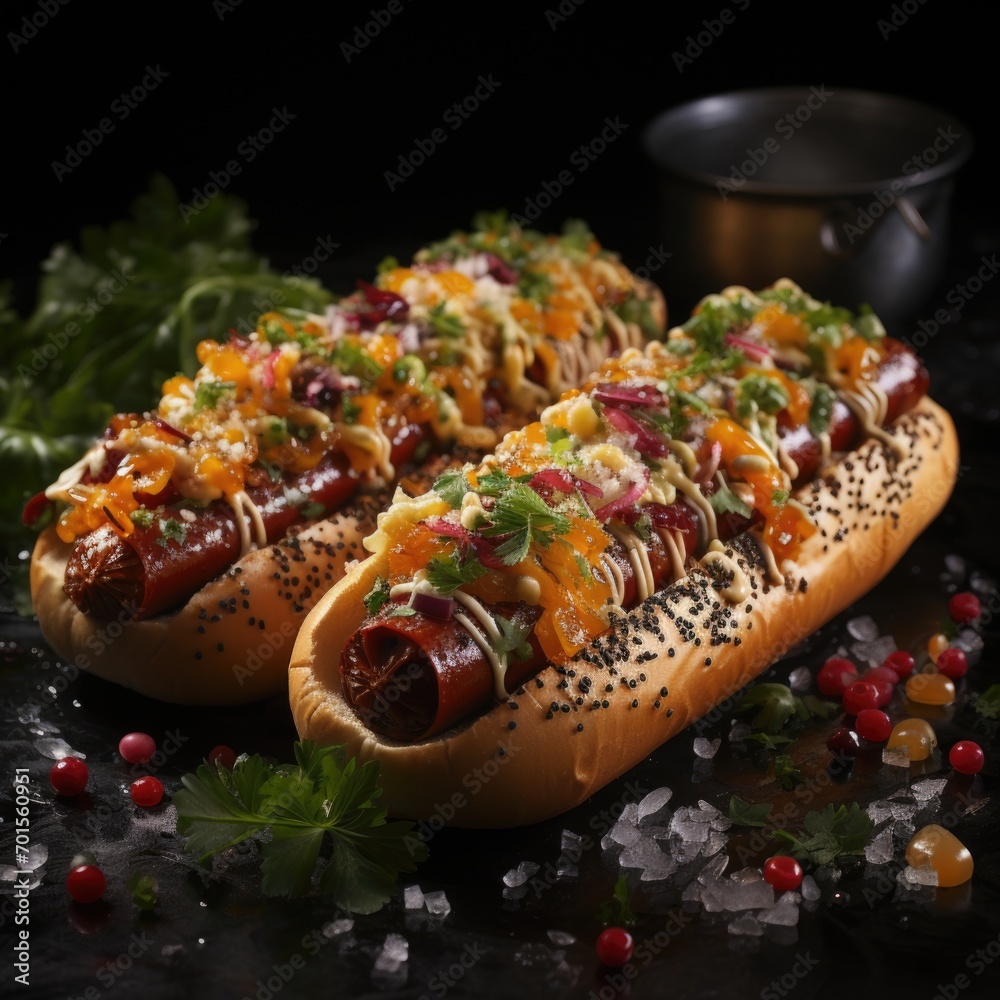A photo of Crispy hotdog in tray on table dark view Generative AI A photo of Crispy hotdog in tray on table dark view Generative AI