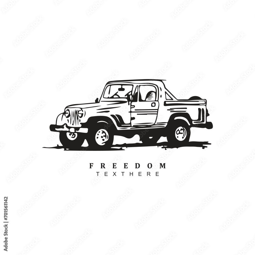 Vintage hand drawn old truck pickup logo design isolated on white background