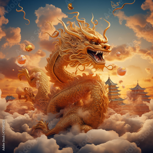 Majestic Golden Dragon Soaring Through Clouds in the Year of the Dragon. The golden hues illuminate the scene, creating a magical atmosphere that embodies the spirit of this legendary creature.