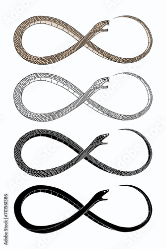 Snake in form of infinity sign, four options, tattoo design