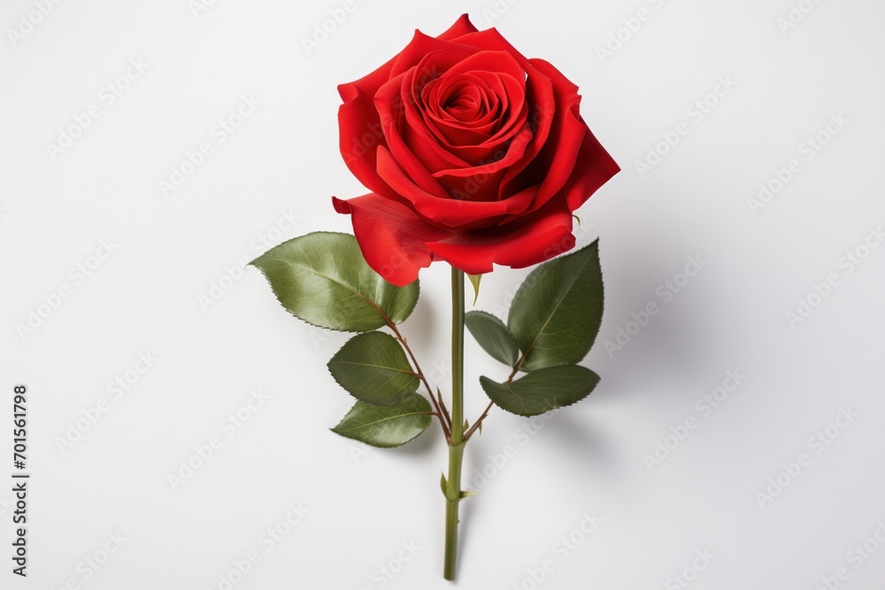 Solitary Red Rose Resting on a Pristine White Surface Solitary Red Rose Resting on a Pristine White Surface