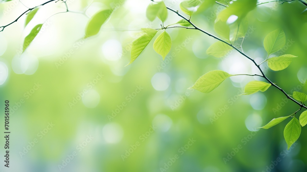 Blurred abstract spring background with green leaves. Generative Ai