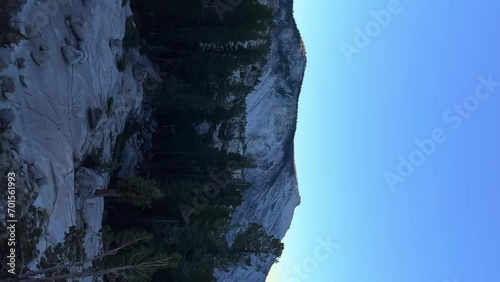 Vertical View Of Pine Trees And Half Dome Summit At Sunrise from Olmsted Point In Yosemite National Park, California. - pan right shot photo