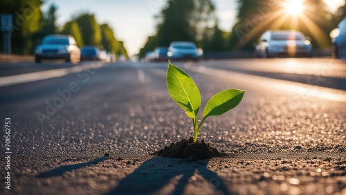 A green sprout on the road. A green sprout grows from a crack in the asphalt on the roadway. Cars pass by a green sprout.