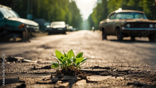 A green sprout on the road. A green sprout grows from a crack in the asphalt on the roadway. Cars pass by a green sprout.