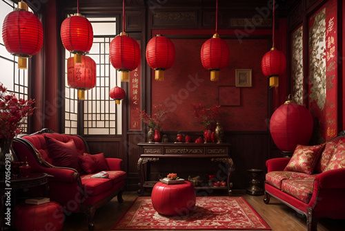 a living room filled with lots of red lanterns photo
