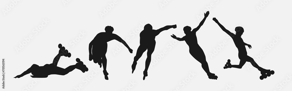 Silhouettes of roller skaters. Sport, athlete, race, lifestyle theme. Isolated on white background. Vector illustration.