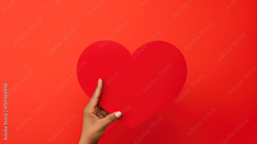 Woman holding blank paper heart on red background, closeup. Space for text Woman holding blank paper heart on red background, closeup. Space for text