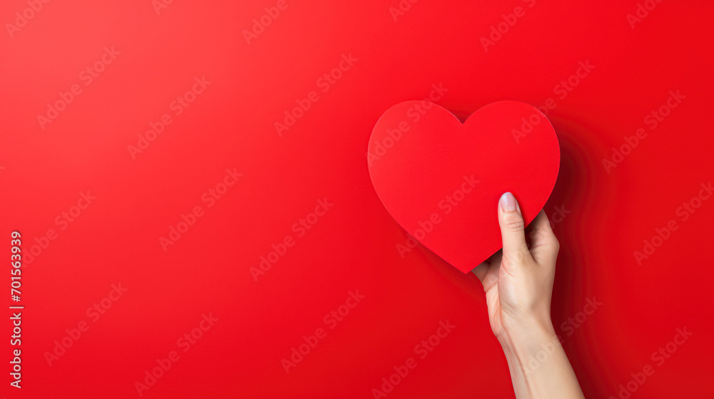 Woman holding blank paper heart on red background, closeup. Space for text Woman holding blank paper heart on red background, closeup. Space for text