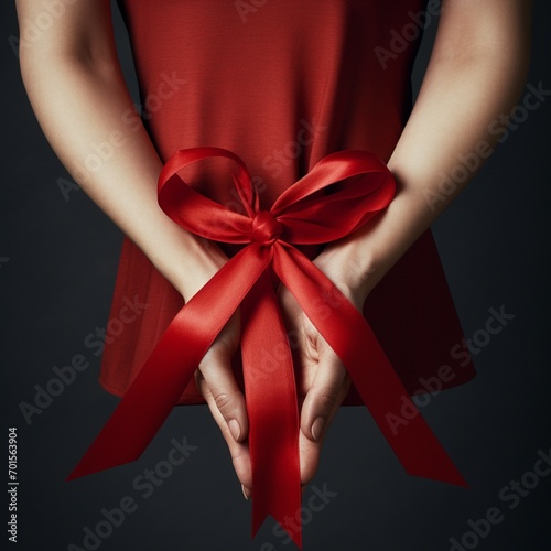 Two human hands holding red ribbon.