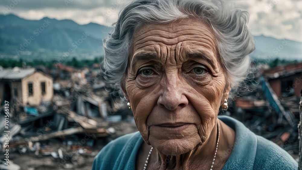 An elderly woman who survived a natural disaster. Portrait of an elderly woman at the site of a natural disaster. Hurricane. Tornado. Tsunami. Earthquake.